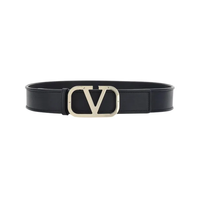 Valentino Metal Logo Smooth Buckle Cow Leather Leather Belts Women's Black-1
