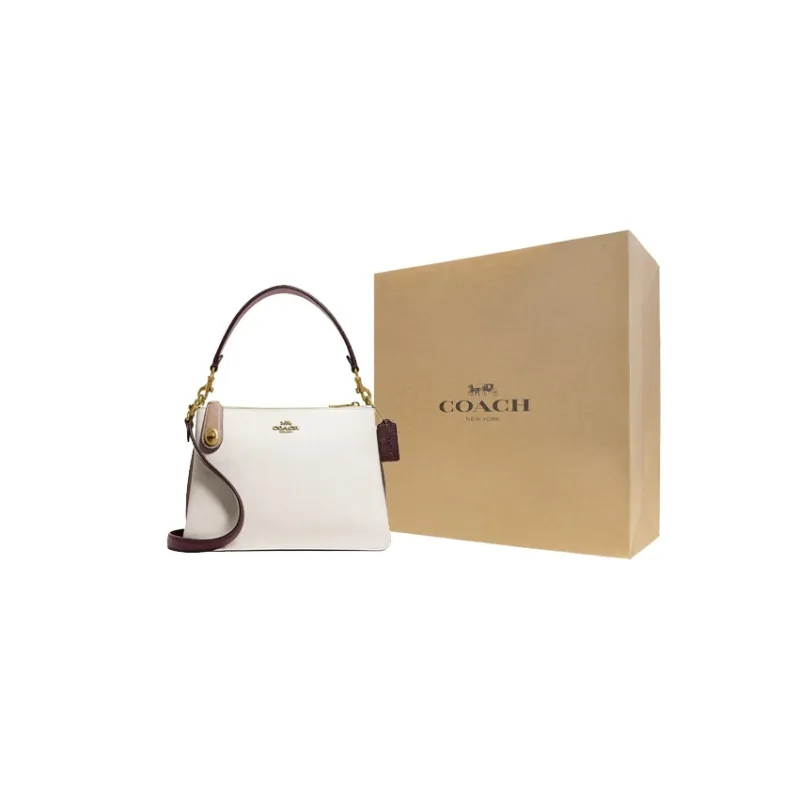 COACH Turnlock Leather Handbag Crossbody Bag Large Size Women's Milk Tea White Multicolor-5