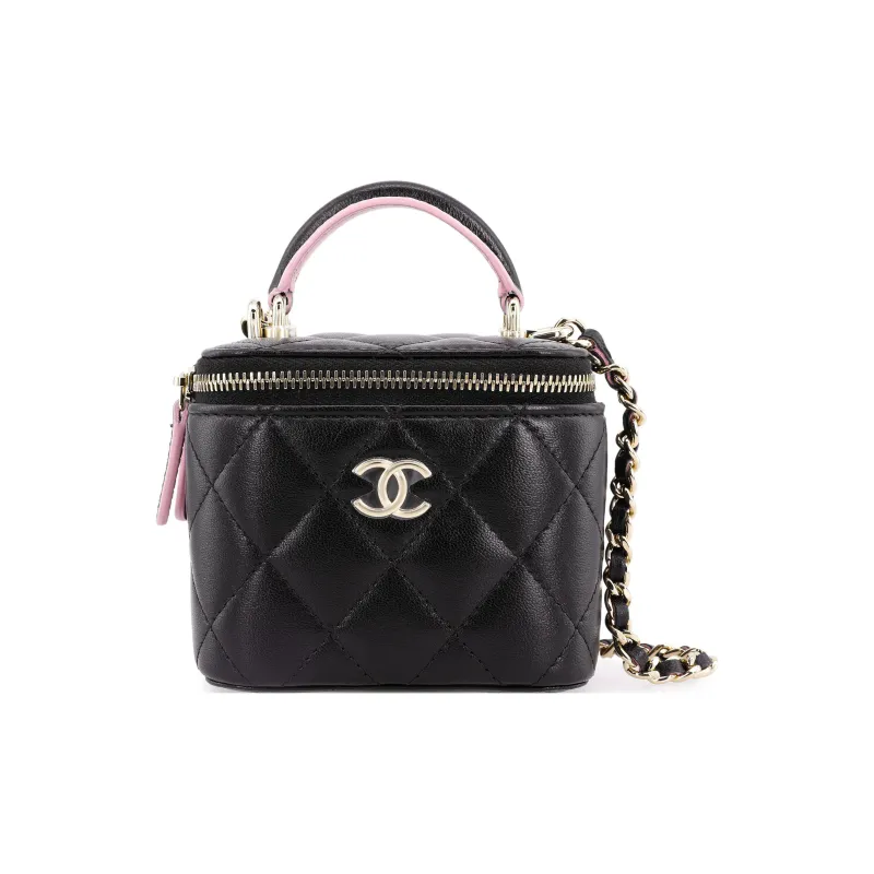 CHANEL 23P SS Sheepskin Box Bag, Makeup Bag, Handbag, Shoulder Bag, Crossbody Bag Women's Pink/Black-0