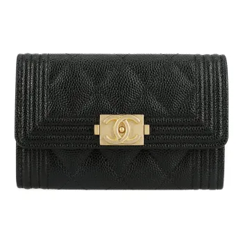 CHANEL 21K Winter LEBOY Sheepskin Mouth Cover Card Holder Wallet Regular Women's Black