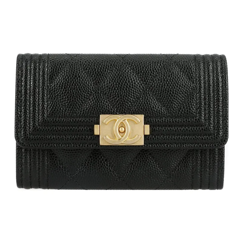 CHANEL 21K Winter Leboy Litchi Grain Sheepskin Flap Bag Card Holder, Wallet Regular Women's Black-0