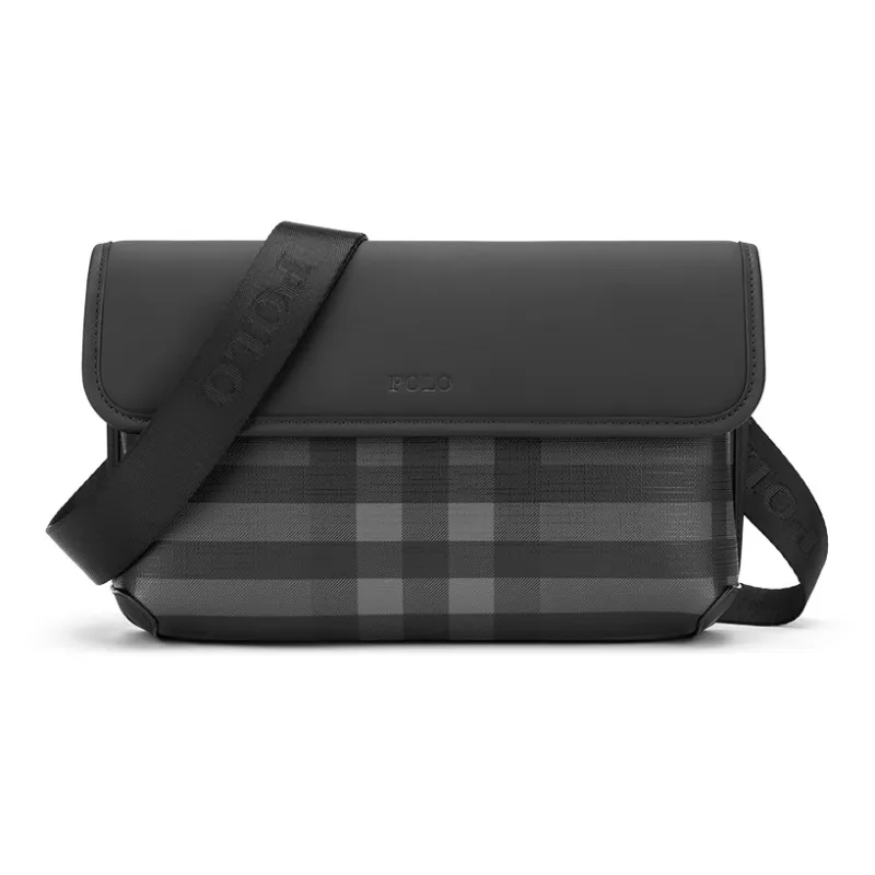 POLO PVC Synthetic Leather Men's Crossbody Bag, Shoulder Bag Medium Size Men's Black Plaid-2