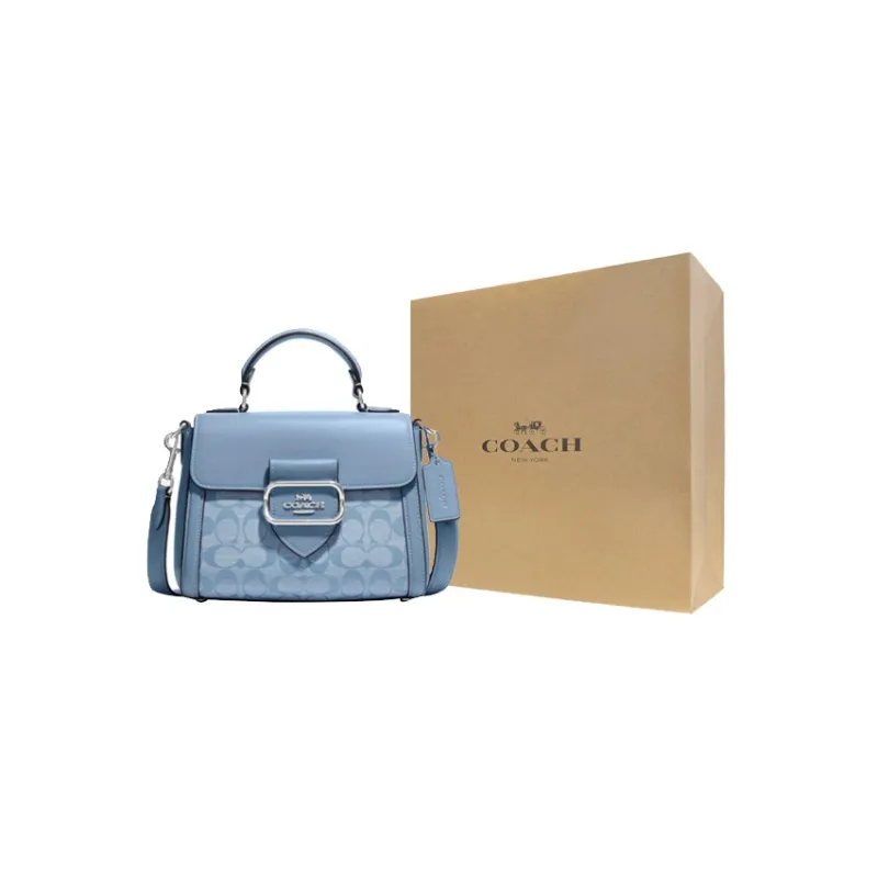 COACH Morgan Chambray Fabric With Cow Leather Handbag, Shoulder Bag, Crossbody Bag Trumpets Women's Light Blue-6