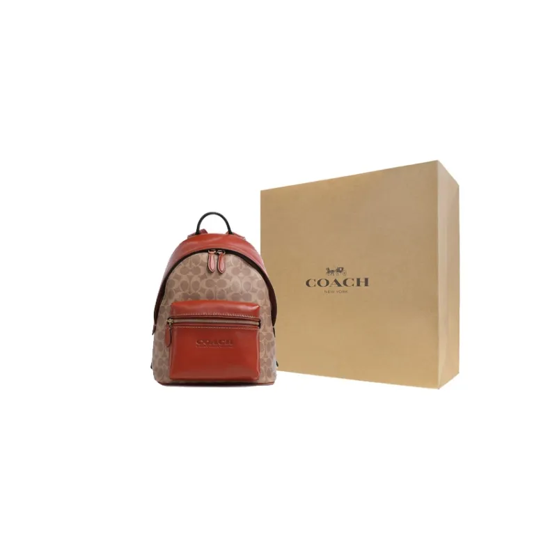 COACH Charter Canvas With Leather Backpack Medium Size Women's Red Brown & Khaki-5
