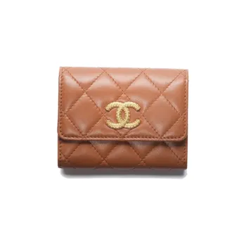 CHANEL Sheepskin Mouth Cover Card Holder Wallet Women's Light Brown