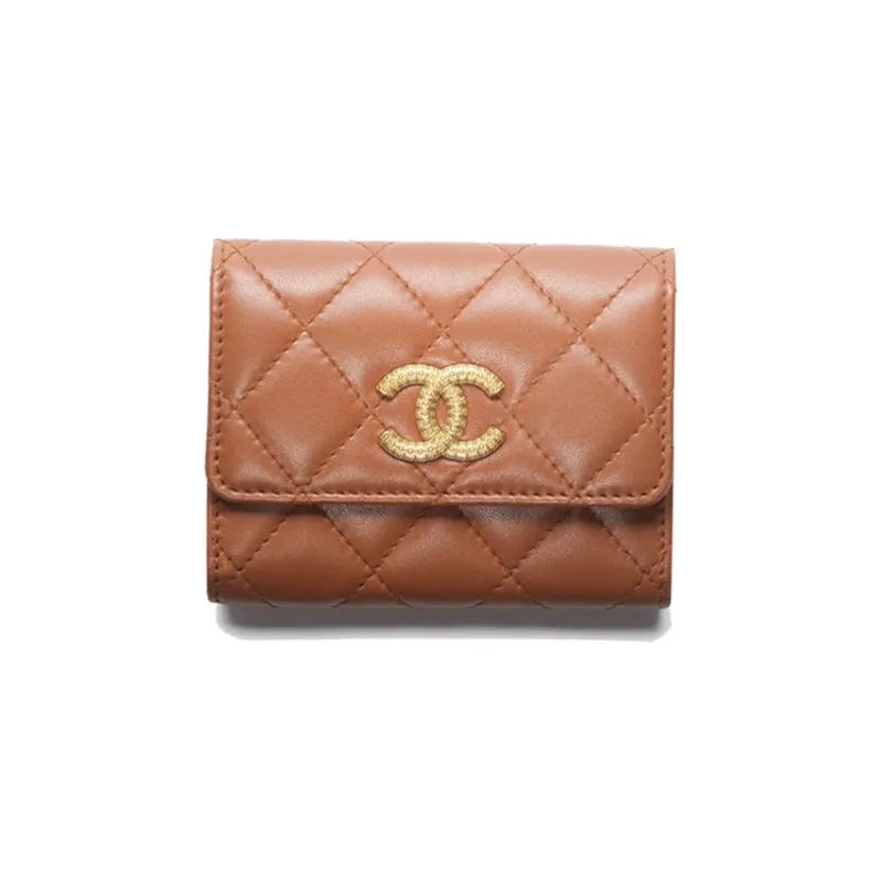 CHANEL Sheepskin Mouth Cover Card Holder Wallet Women's Light Brown-0