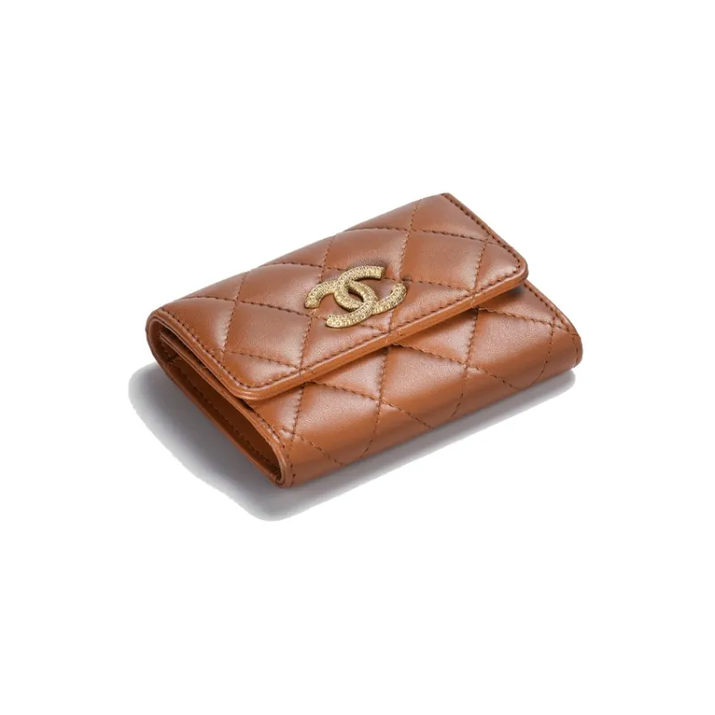 CHANEL Sheepskin Mouth Cover Card Holder Wallet Women's Light Brown-1