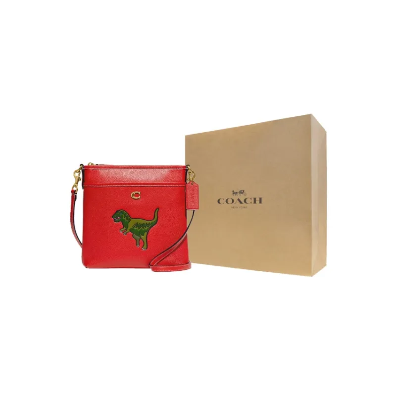 COACH Kitt Polished Pebbled Leather Messenger Bag, Shoulder Bag, Crossbody Bag Small Size Women's Red-4