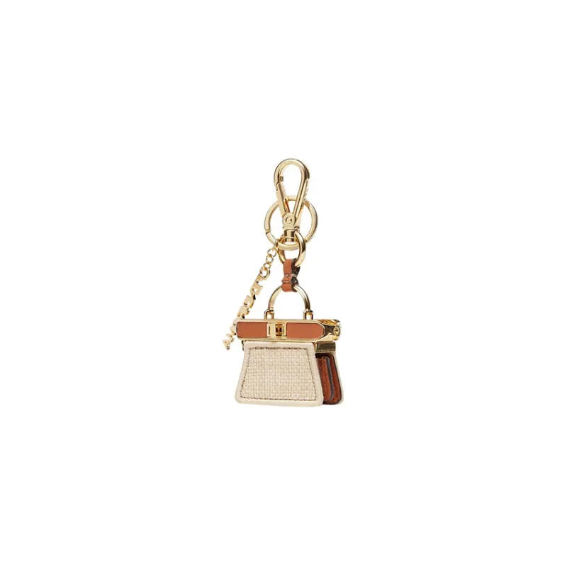 FENDI Peekaboo Raffia With Leather Bag Accessory Key Pouch Women's Natural Color-1