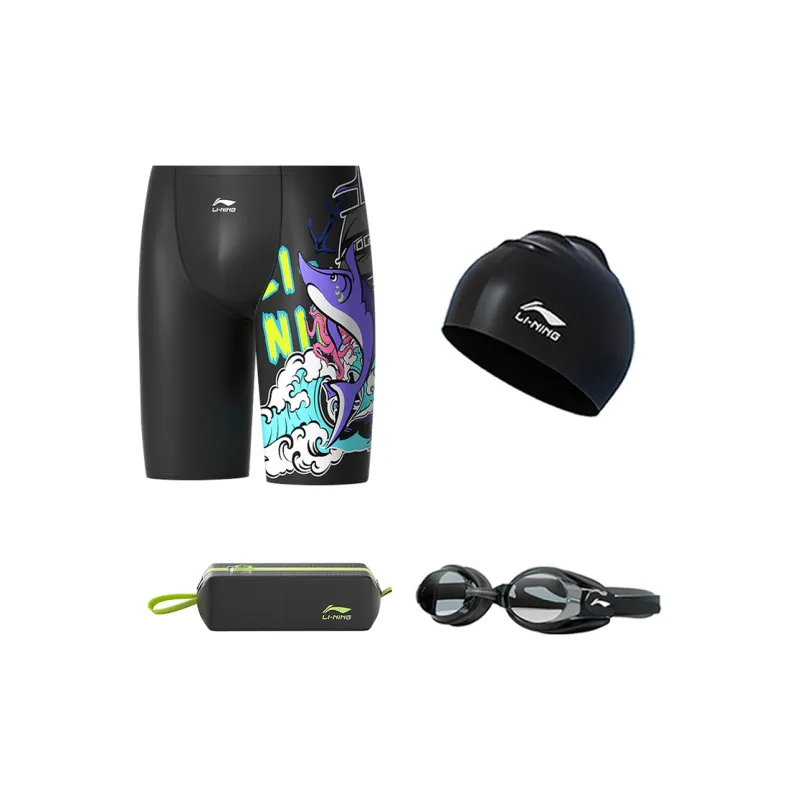 LiNing Sports Trend Series Swimming Sets Polyester Elastane Hot Spring Men's L XL XXL XXXL Black Print-4