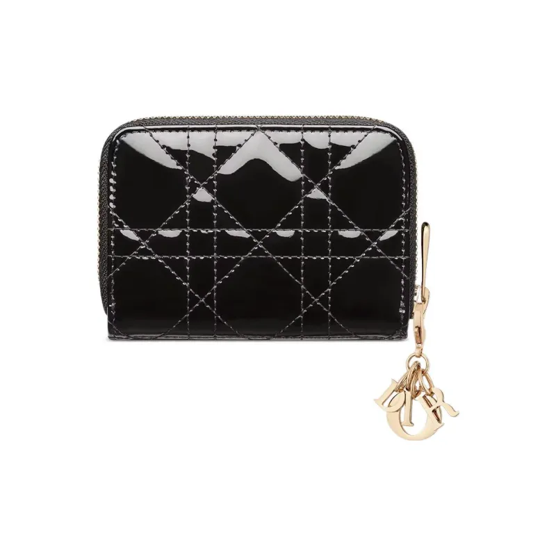 DIOR Lady Dior Patent Leather, Cow Leather Wallet Small Size Women's Black-2