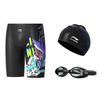 LiNing Sports Trend Series Swimming Sets Polyester Elastane Silicone Hot Spring Men's XL XXL XXXL Black