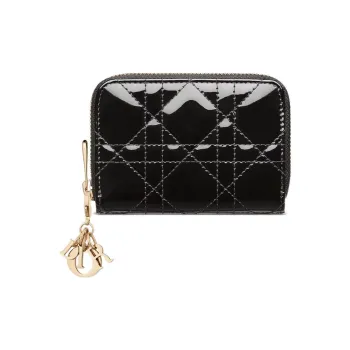 DIOR Lady Dior Patent Leather, Cow Leather Wallet Small Size Women's Black