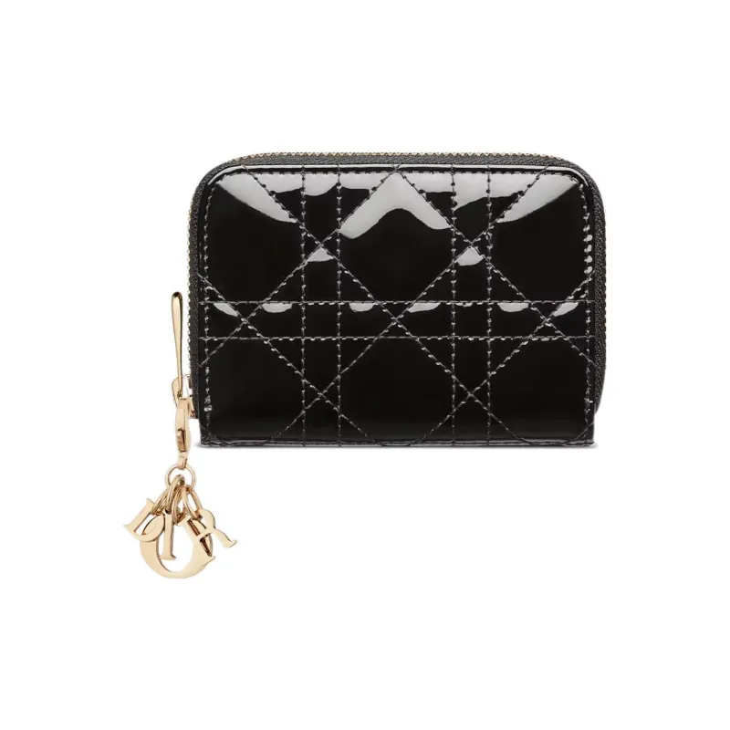 DIOR Lady Dior Patent Leather, Cow Leather Wallet Small Size Women's Black-0