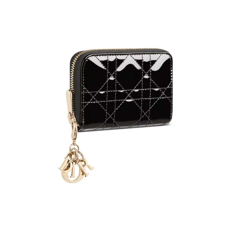 DIOR Lady Dior Patent Leather, Cow Leather Wallet Small Size Women's Black-1
