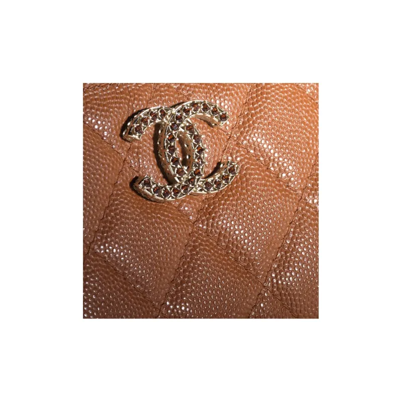 CHANEL Shiny Beaded Embossed Calfskin Coin Purse Women's Light Brown-2