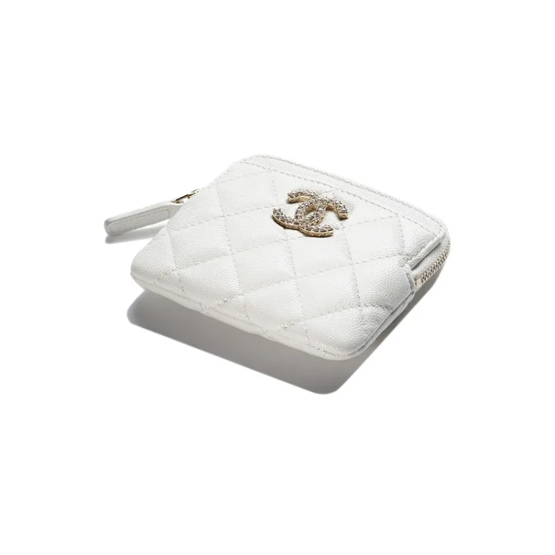 CHANEL Shiny Beaded Embossed Calfskin Coin Purse Women's White-1