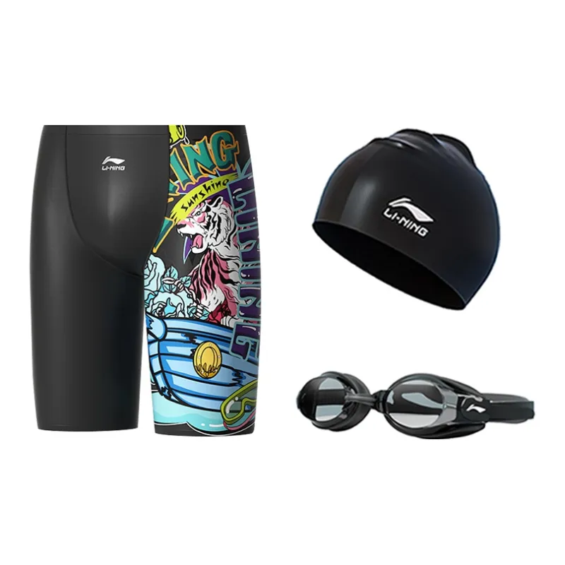 LiNing Sports Trend Series Swimming Sets Polyester Elastane Silicone Hot Spring Men's XL XXL XXXL Black-4