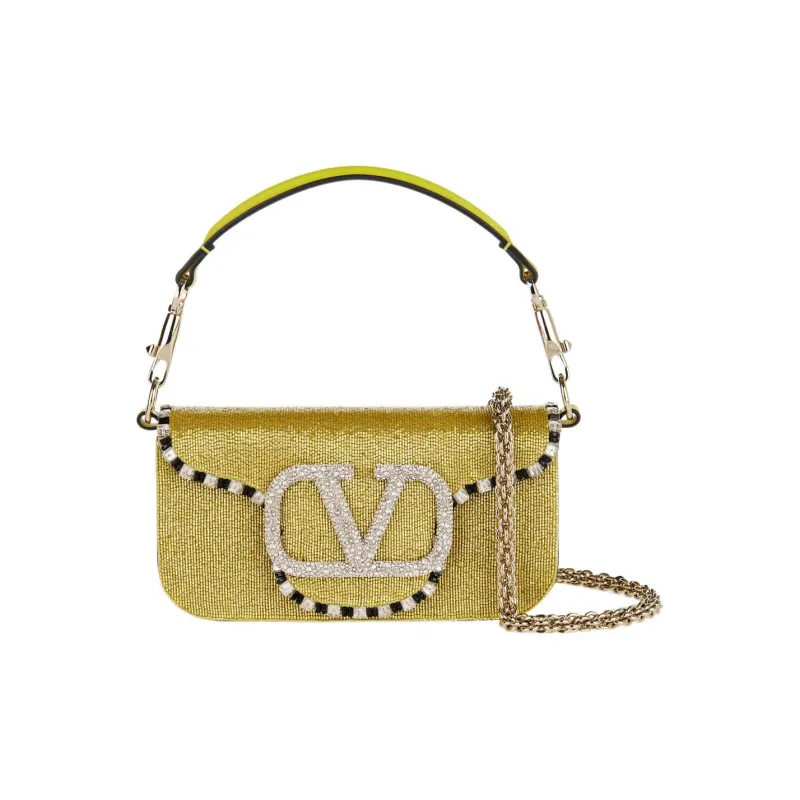Valentino Locò Leather Shoulder Bag Crossbody Bag Handbag Small Size Women's Yellow/Green-0