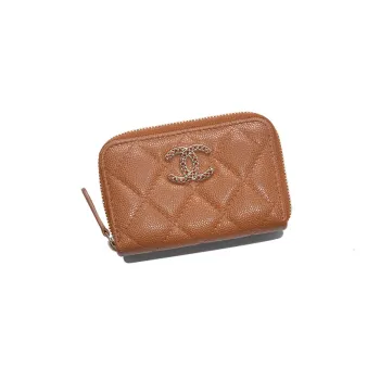 CHANEL Shiny Beaded Embossed Calfskin Coin Purse Women's Light Brown