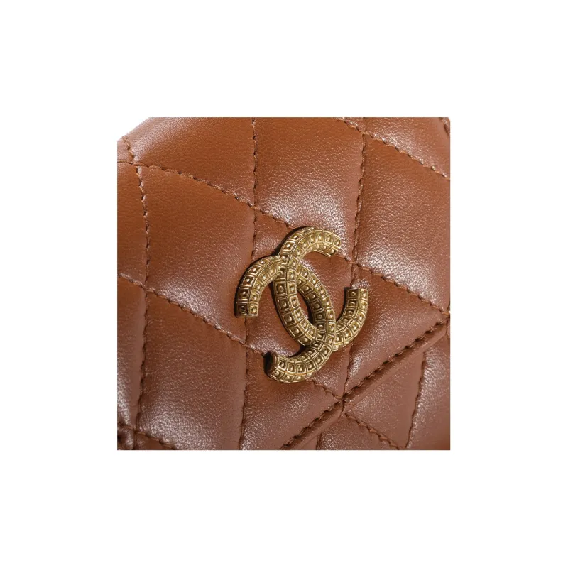 CHANEL Sheepskin Mouth Cover Card Holder Wallet Women's Light Brown-3