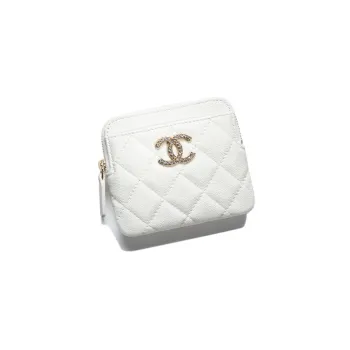 CHANEL Shiny Beaded Embossed Calfskin Coin Purse Women's White