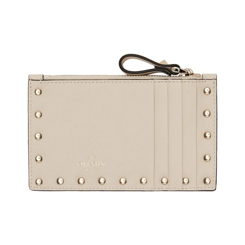 Valentino ROCKSTUD Polished Calfskin Coin Purse Card Holder, Wallet Women's Light Ivory-1