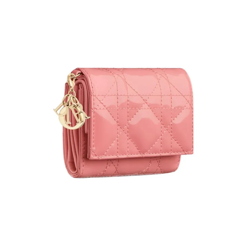 DIOR Lady Dior Patent Leather Calfskin Wallet Women's Light Pink-1