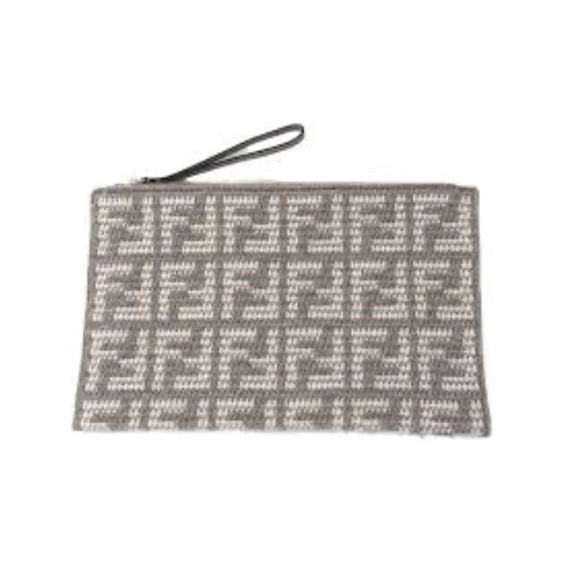 FENDI Leather And Cashmere Blend Clutch Large Size Women's Beige-1