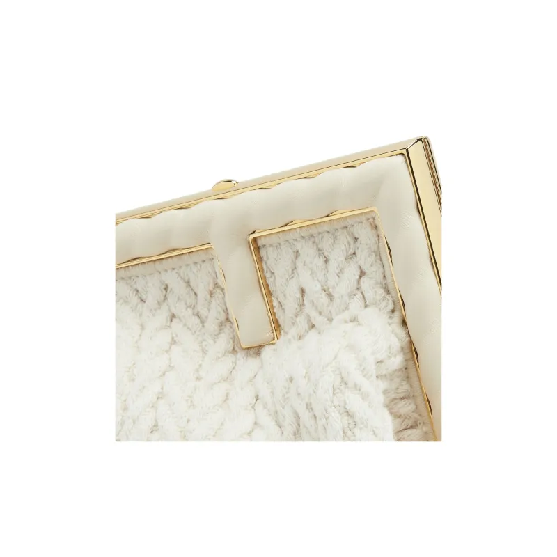 FENDI Fendi First Woven Fabric With Nappa Leather One Shoulder Crossbody Clutches Small Size Women's White-4