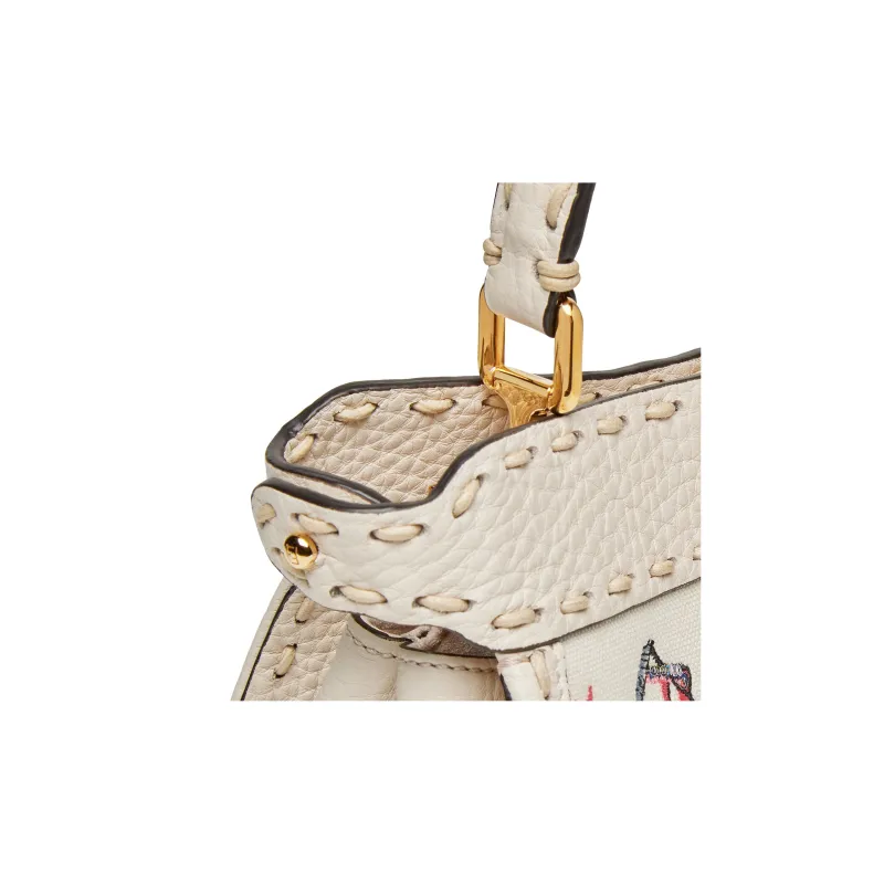 FENDI Peekaboo ISeeU Canvas With Calfskin Shoulder Bag Crossbody Bag Handbag Small Size Women's White/Multicolor-4