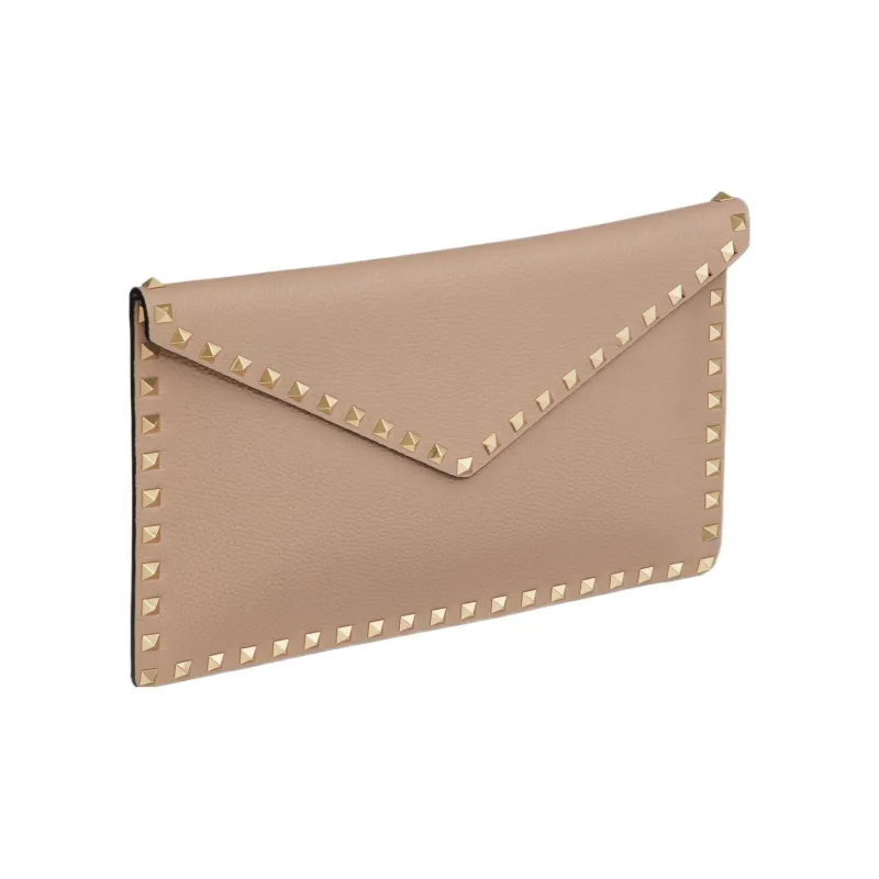 Valentino Rockstud Grain Calfskin Envelope Bag, Clutch Regular Women's Light Umber-1