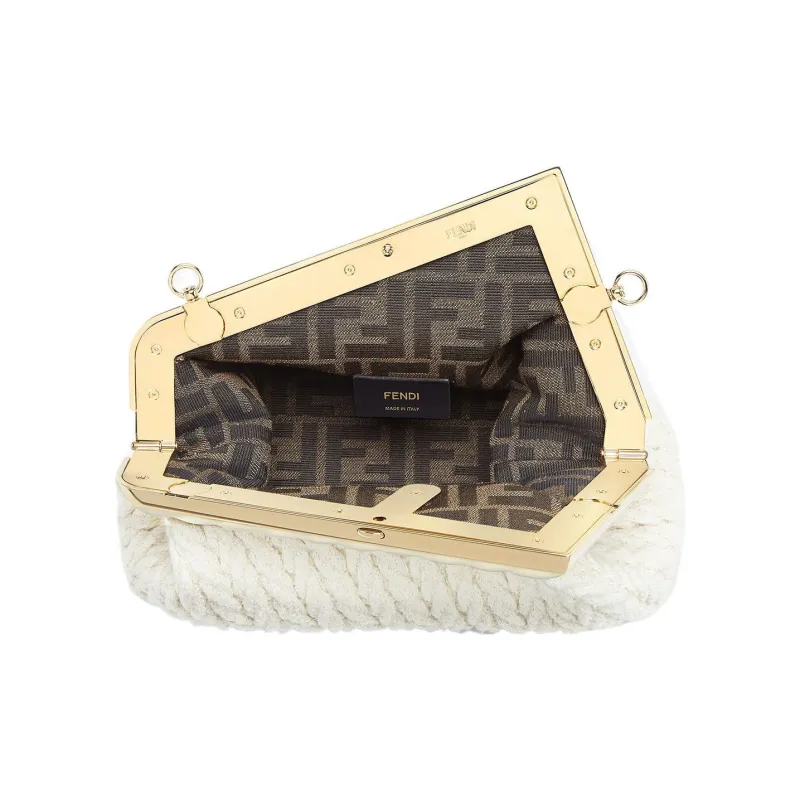 FENDI Fendi First Woven Fabric With Nappa Leather One Shoulder Crossbody Clutches Small Size Women's White-2