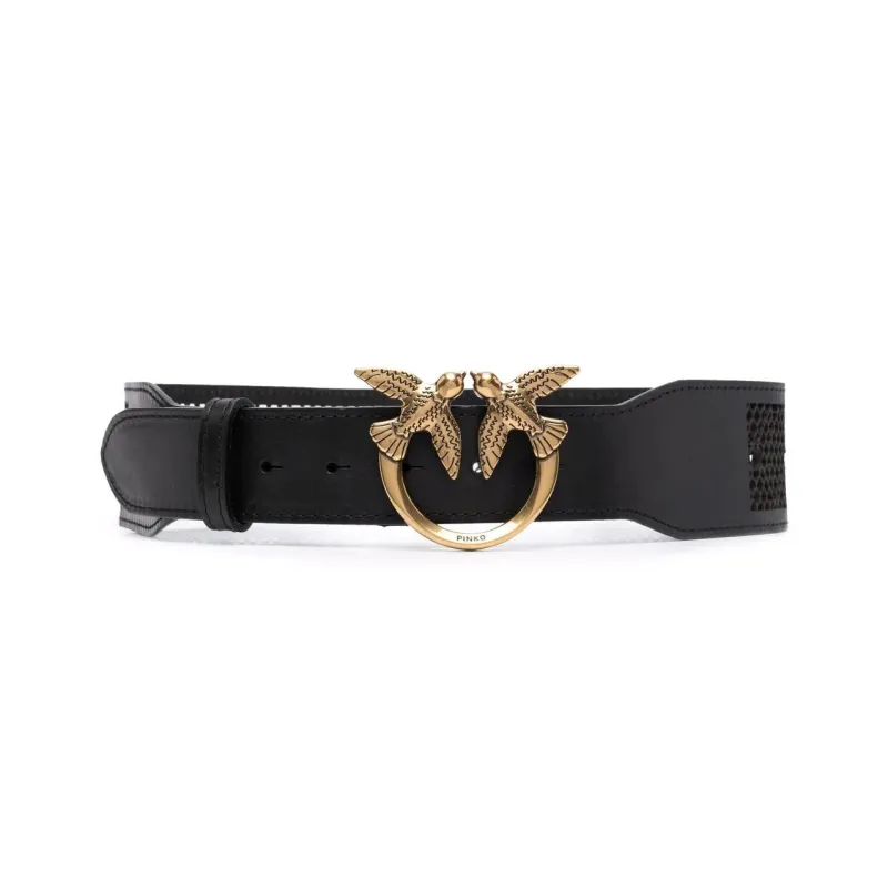 PINKO Love Birds Pin Buckle Leather Belts Women's Black Width 6cm-0