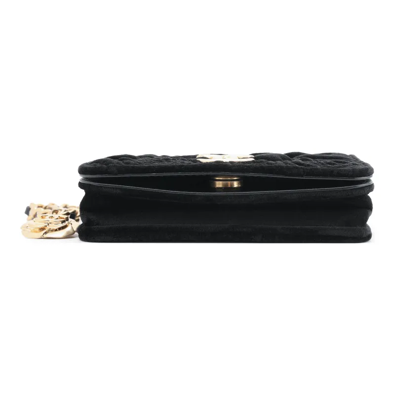 CHANEL WOC Velour & Metal Gold Coin Wallet On Chain, One Shoulder Crossbody Coin Purse Trumpets Women's Black-4