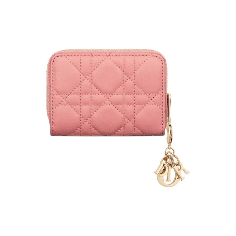 DIOR Lady Dior Lambskin Coin Purses Wallets Small Size Women's Light Pink-3