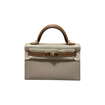HERMES Mini Kelly Generation 1 Epsom Leather One Shoulder Handbags Mini Women's Cardigan Gray With Gold Brown