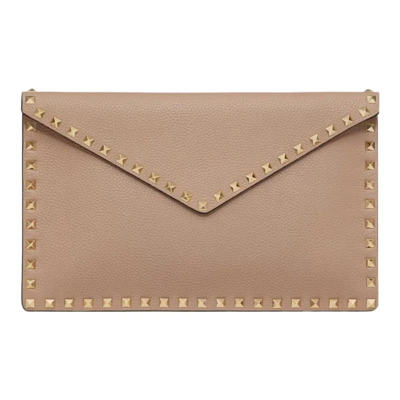 Valentino Rockstud Grain Calfskin Envelope Bag, Clutch Regular Women's Light Umber-0