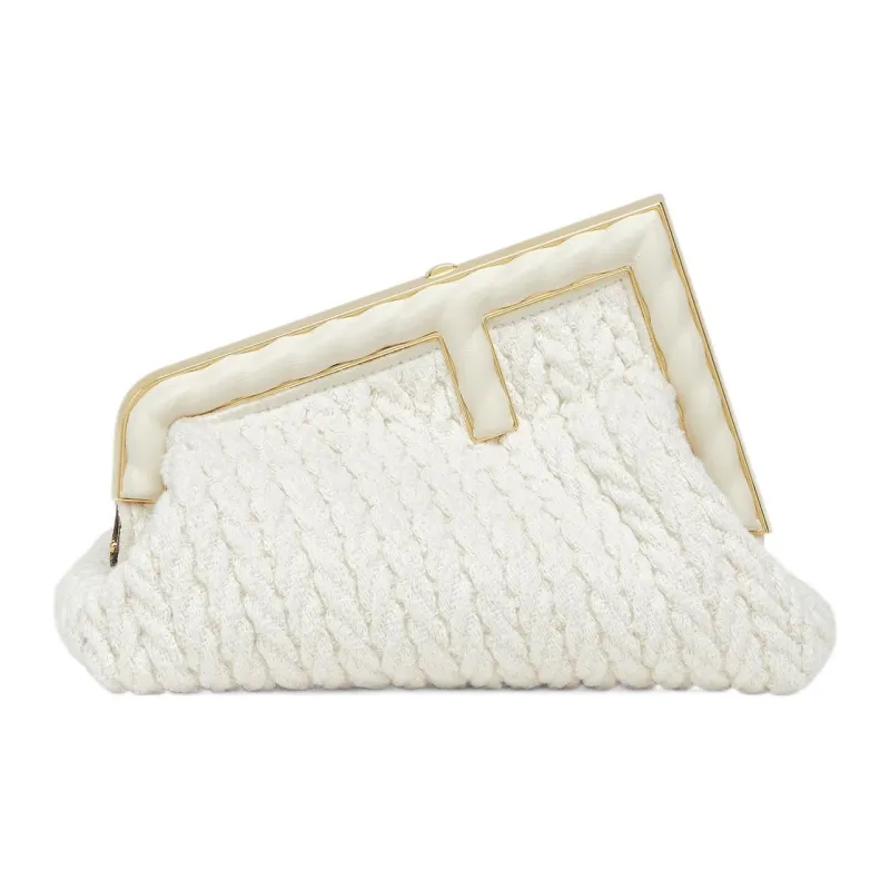 FENDI Fendi First Woven Fabric With Nappa Leather One Shoulder Crossbody Clutches Small Size Women's White-0