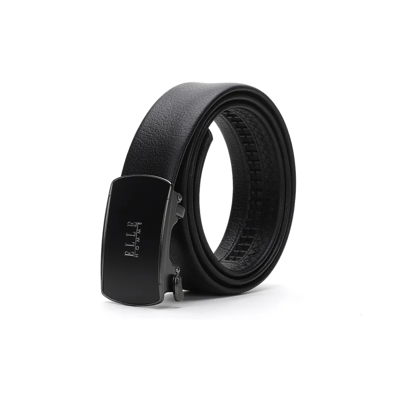 ELLE HOMME Automatic Buckle Belt Wallet Box Top Grain Cow Leather Belt Men's Black Width 3.55cm-2