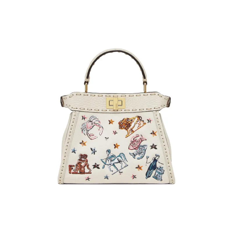 FENDI Peekaboo ISeeU Canvas With Calfskin Shoulder Bag Crossbody Bag Handbag Small Size Women's White/Multicolor-3
