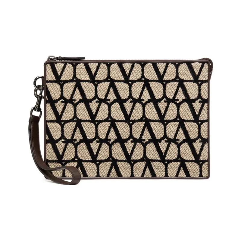 Valentino Leather Detail Wrist Bag Clutch Men's Beige/Black-0