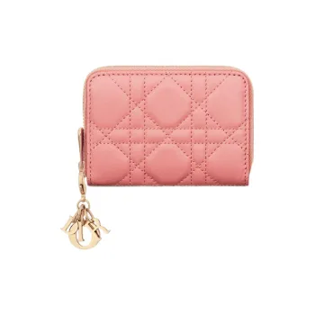 DIOR Lady Dior Lambskin Coin Purses Wallets Small Size Women's Light Pink