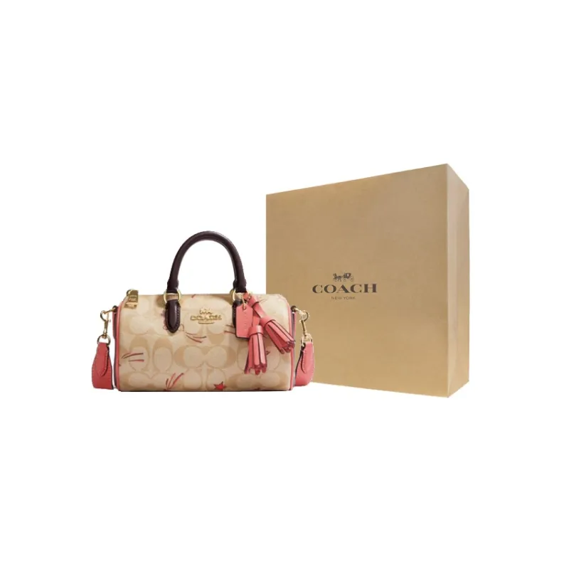 COACH Lacey Canvas With Leather Boston Bag Handbag Shoulder Bag Crossbody Bag Small Size Women's Khaki & Pink-6