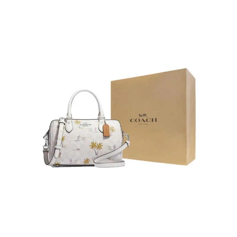 COACH Rowan Classic Jacquard Leather Boston Bag One Shoulder Handbags Medium Size Women's White-5