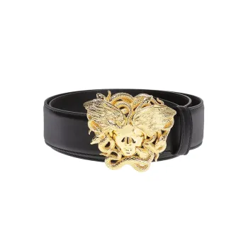 VERSACE Gold Carving Plate Buckle Leather Belts Men's Black Width  4cm