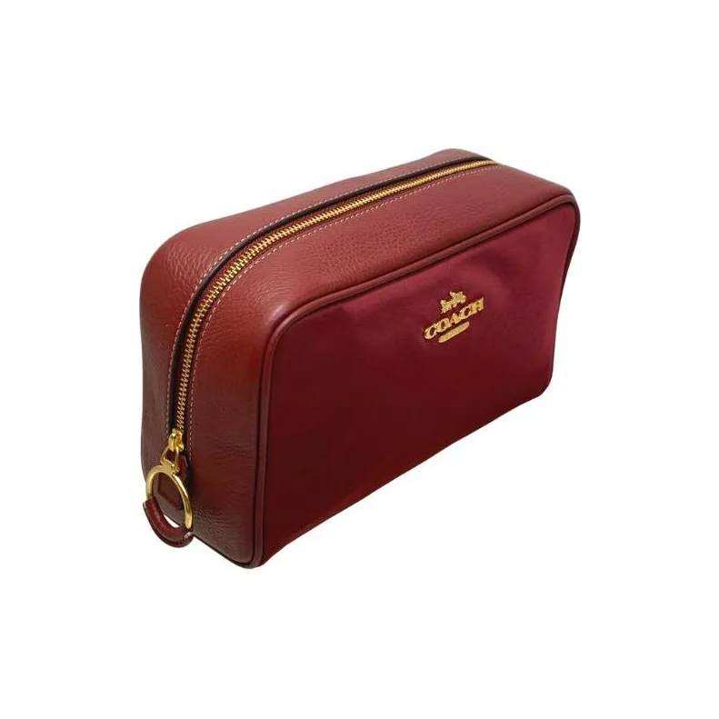 COACH Ellis Recycled Nylon Twill Refined Pebbled Leather Clutch Makeup Bag Small Size Women's Burgundy-1