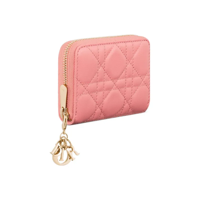 DIOR Lady Dior Lambskin Coin Purses Wallets Small Size Women's Light Pink-1