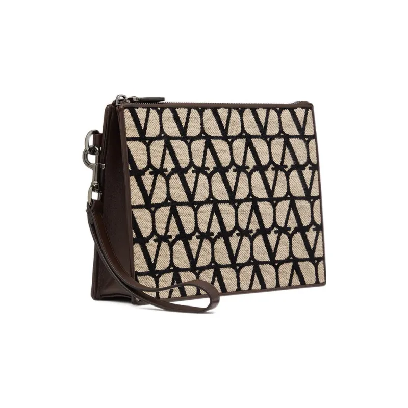 Valentino Leather Detail Wrist Bag Clutch Men's Beige/Black-1