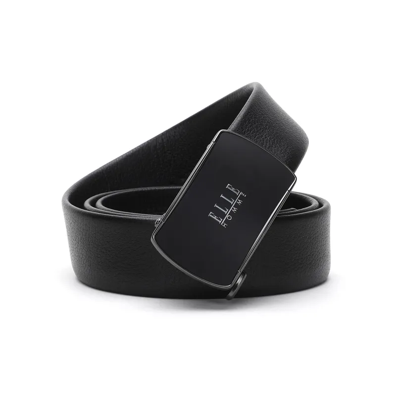 ELLE HOMME Automatic Buckle Belt Wallet Box Top Grain Cow Leather Belt Men's Black Width 3.55cm-1